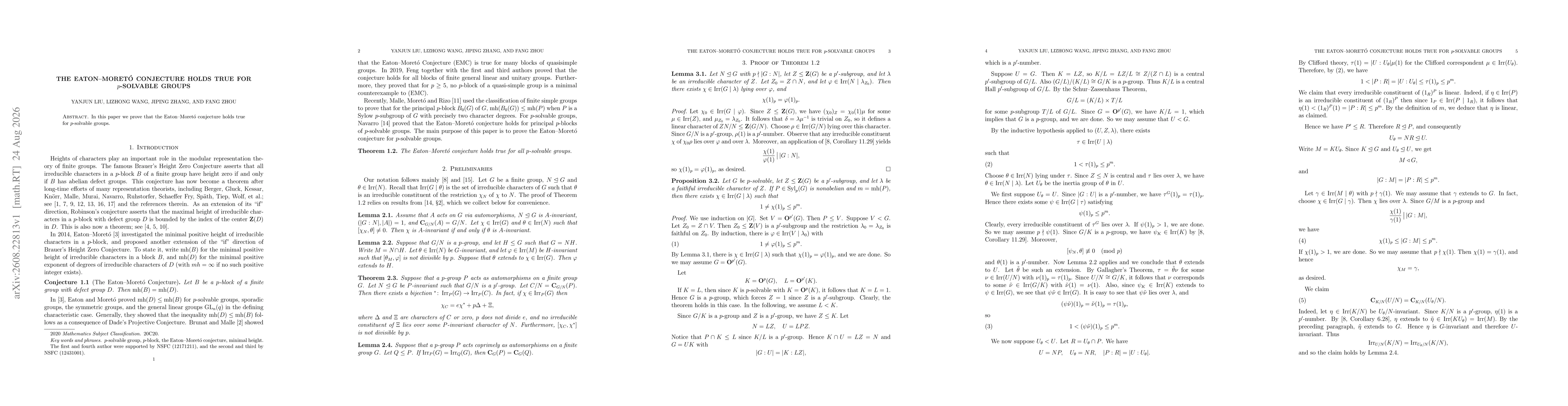 Thumbnail for The Eaton--Moretó Conjecture Holds True for \(p\)-Solvable Groups