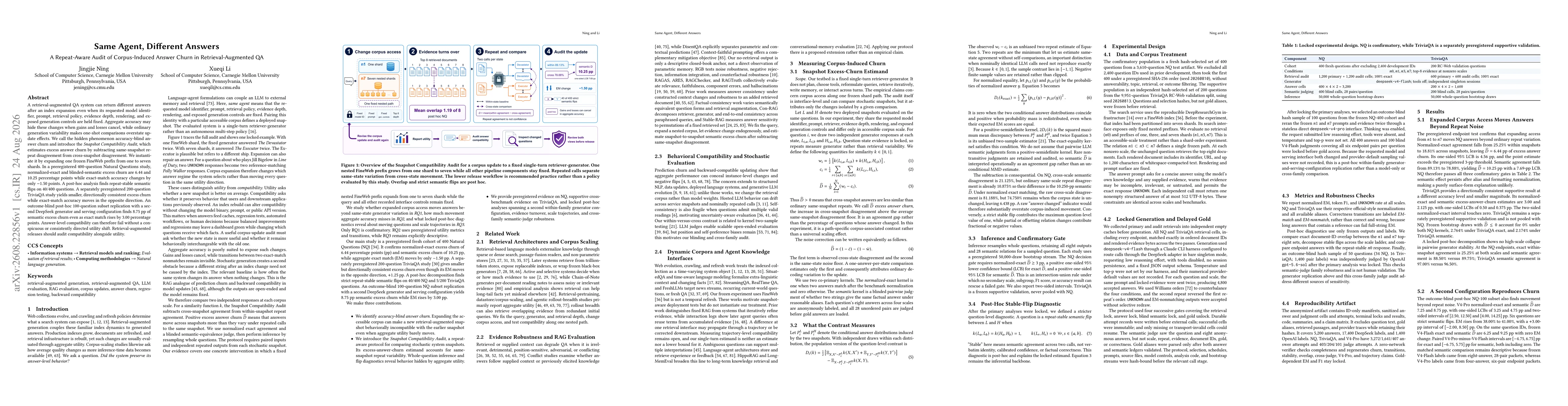 Thumbnail for Same Agent, Different Answers: A Repeat-Aware Audit of Corpus-Induced Answer Churn in Retrieval-Augmented QA