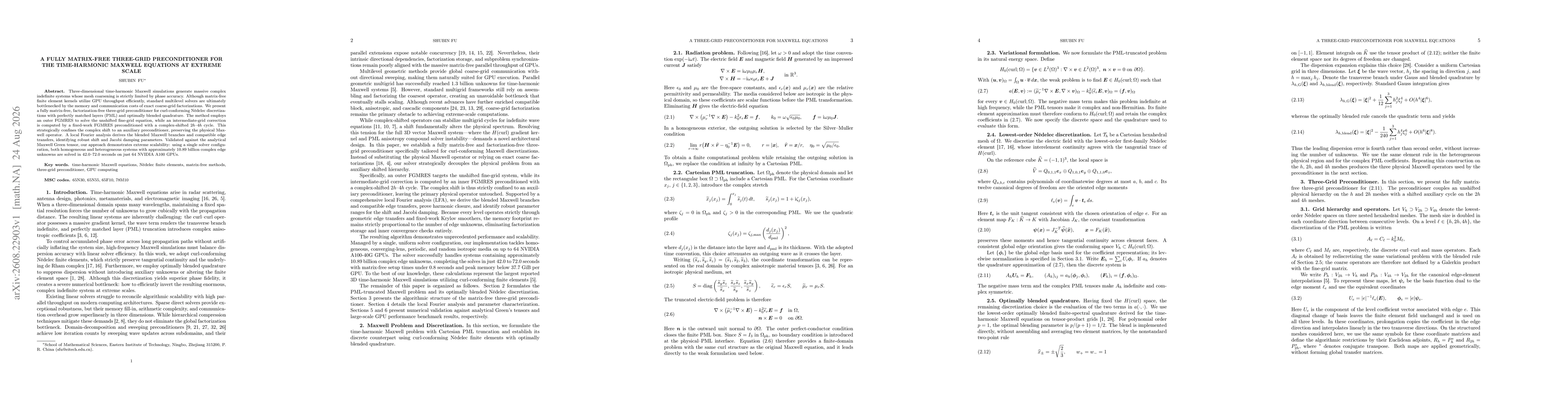 Thumbnail for A Fully Matrix-Free Three-Grid Preconditioner for the Time-Harmonic Maxwell Equations at Extreme Scale