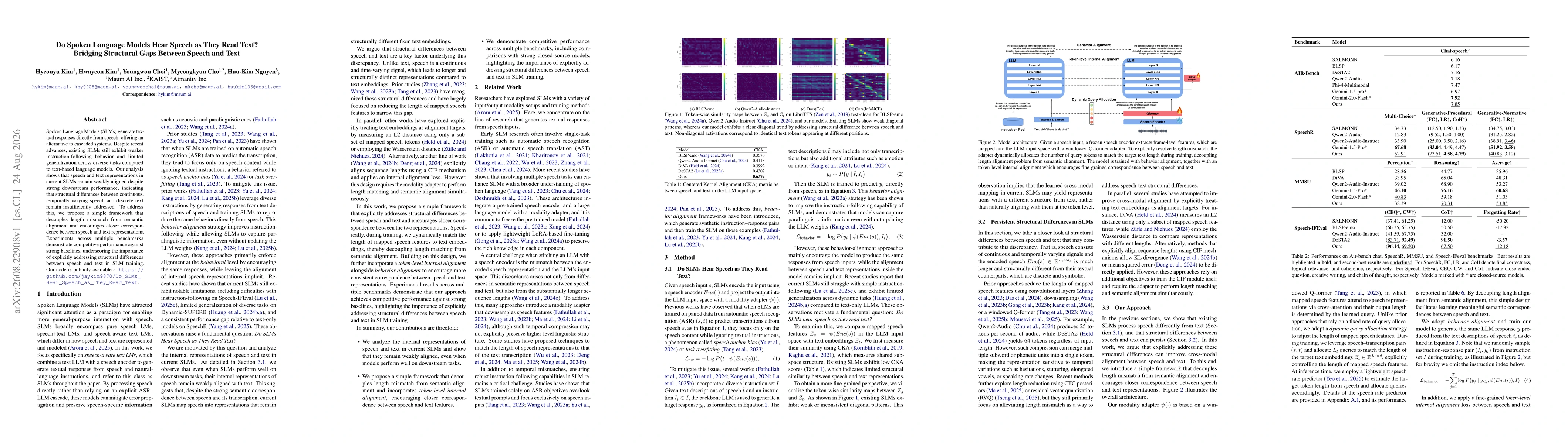 Thumbnail for Do Spoken Language Models Hear Speech as They Read Text? Bridging Structural Gaps Between Speech and Text