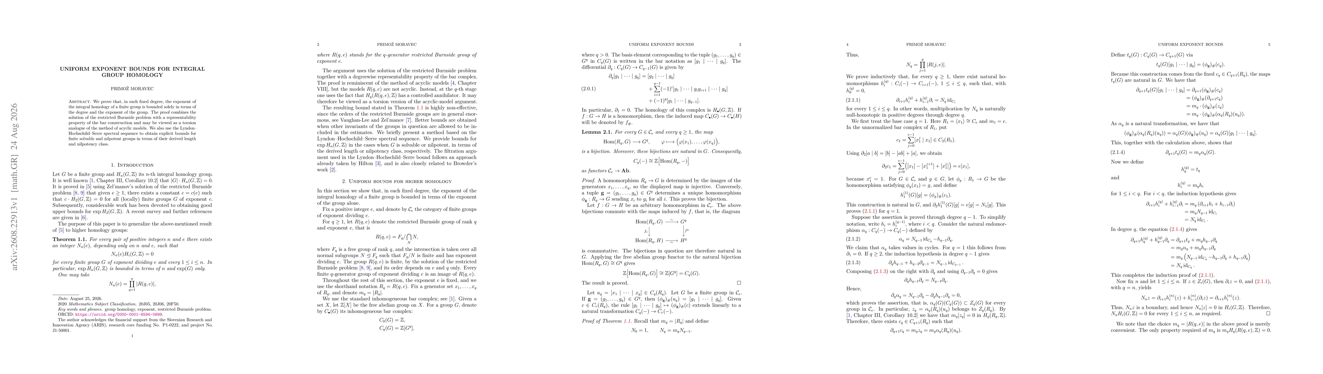 Thumbnail for Uniform exponent bounds for integral group homology