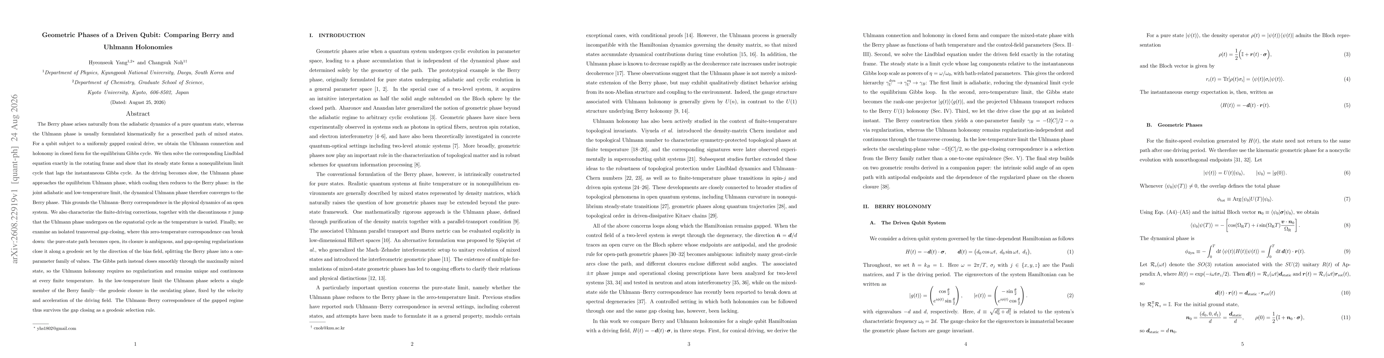 Thumbnail for Geometric Phases of a Driven Qubit: Comparing Berry and Uhlmann Holonomies