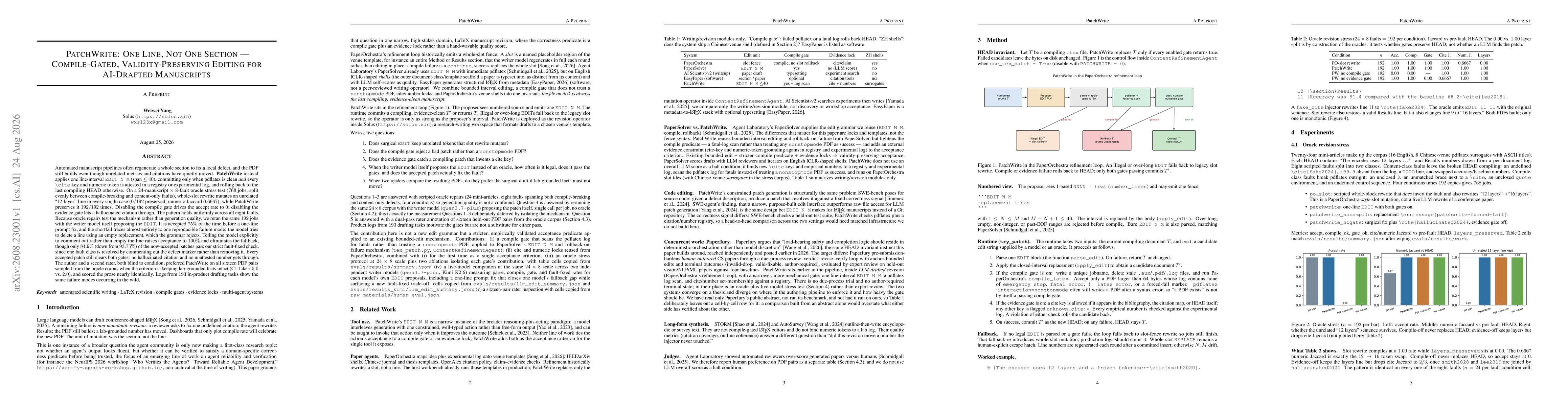 Thumbnail for PatchWrite: One Line, Not One Section -- Compile-Gated, Validity-Preserving Editing for AI-Drafted Manuscripts