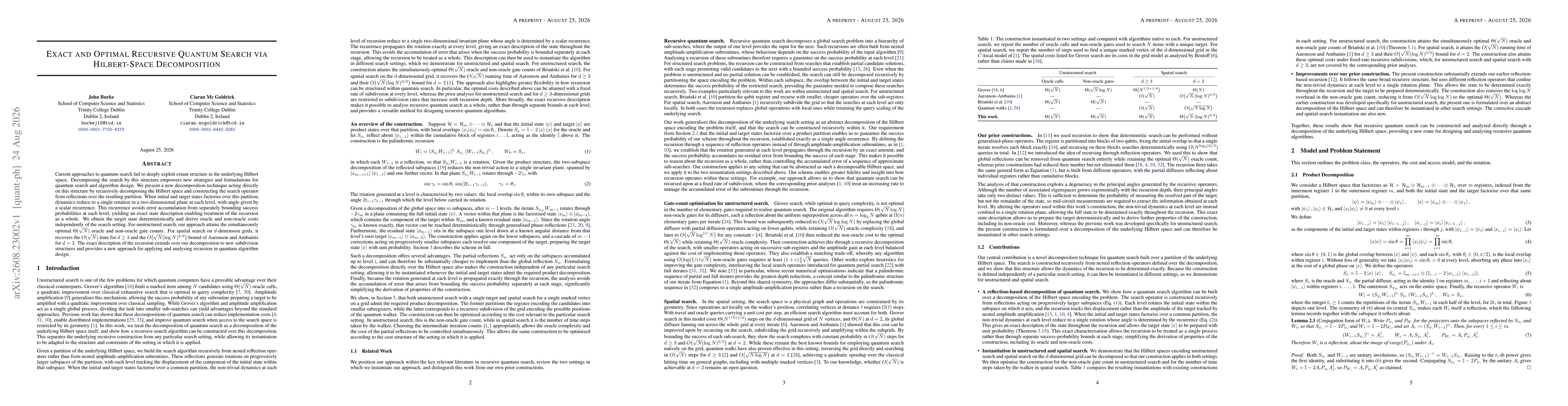 Thumbnail for Exact and Optimal Recursive Quantum Search via Hilbert-Space Decomposition