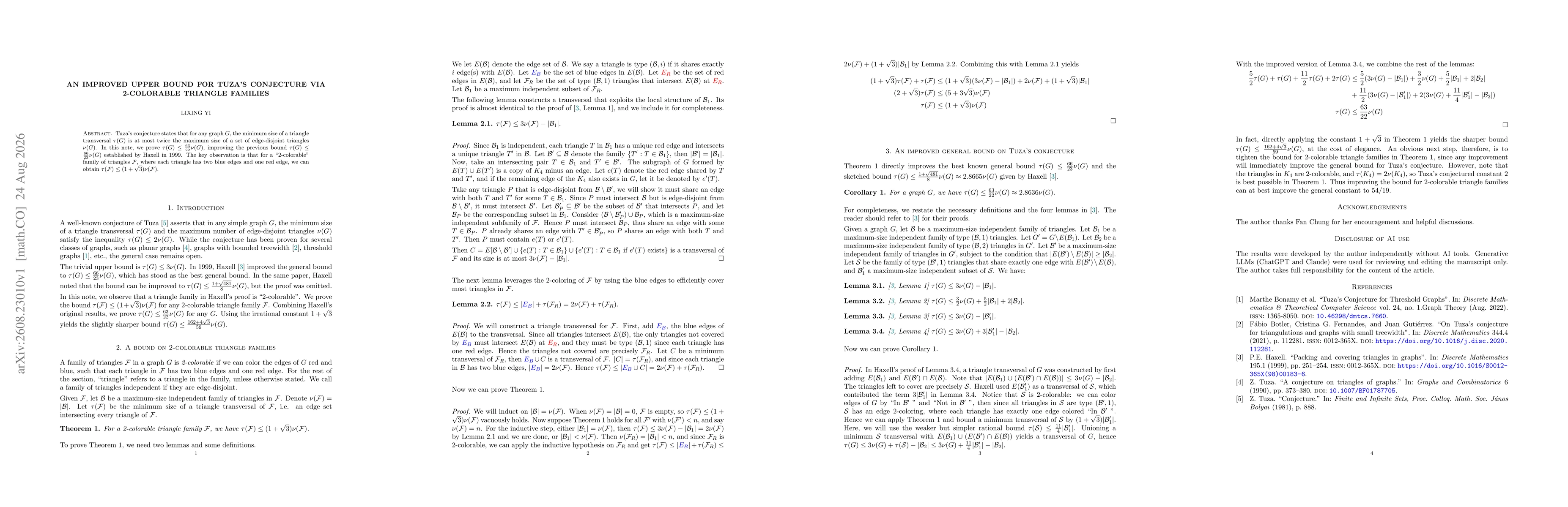 Thumbnail for An improved upper bound for Tuza's conjecture via 2-colorable triangle families