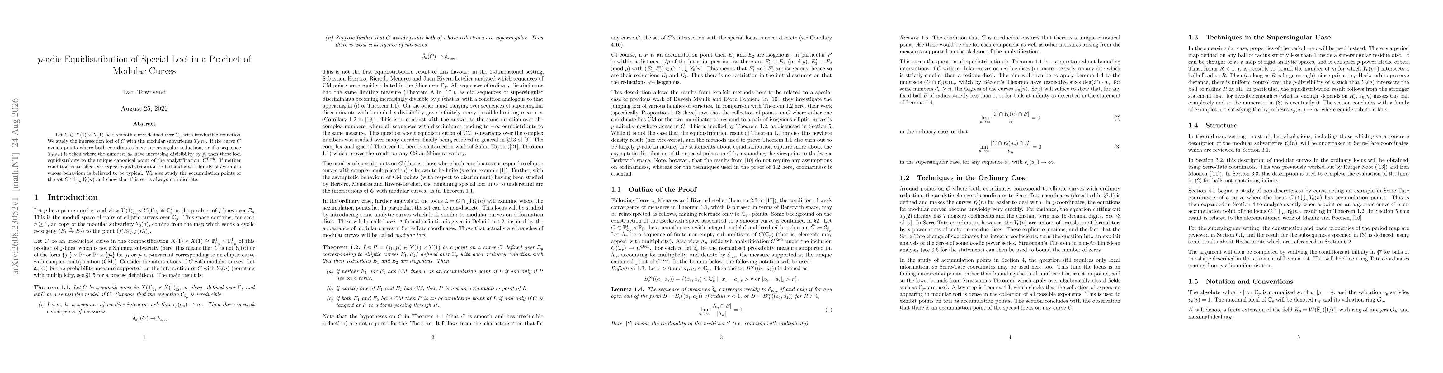 Thumbnail for $p$-adic Equidistribution of Special Loci in a Product of Modular Curves