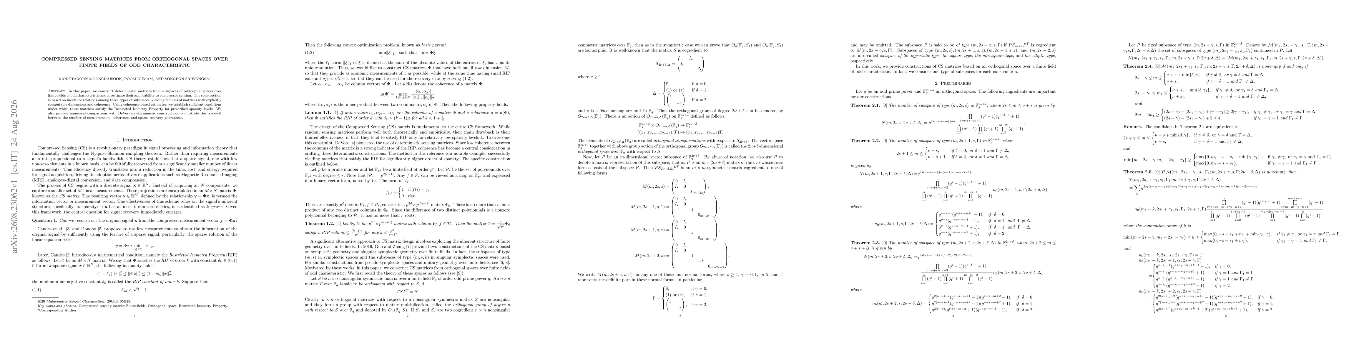 Thumbnail for Compressed sensing matrices from orthogonal spaces over finite fields of odd characteristic
