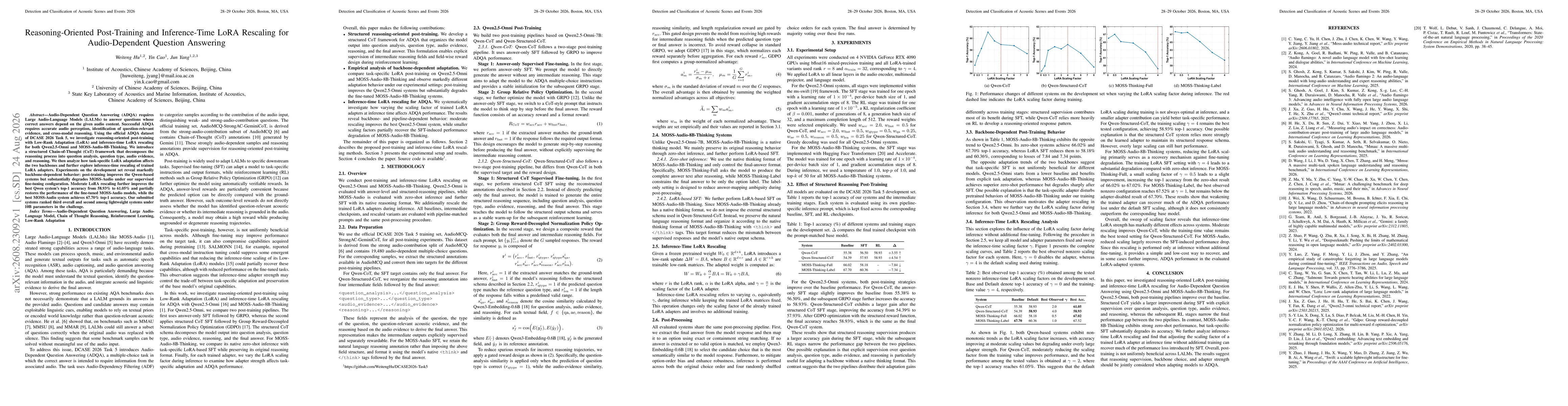 Thumbnail for Reasoning-Oriented Post-Training and Inference-Time LoRA Rescaling for Audio-Dependent Question Answering