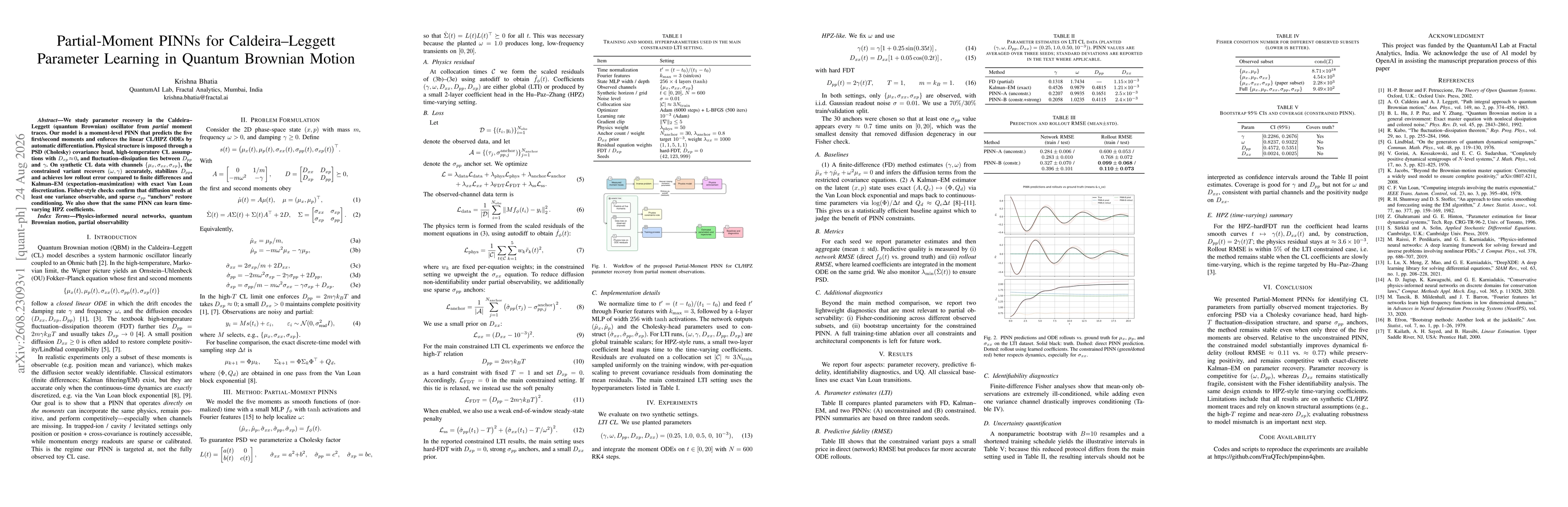 Thumbnail for Partial-Moment PINNs for Caldeira--Leggett Parameter Learning in Quantum Brownian Motion