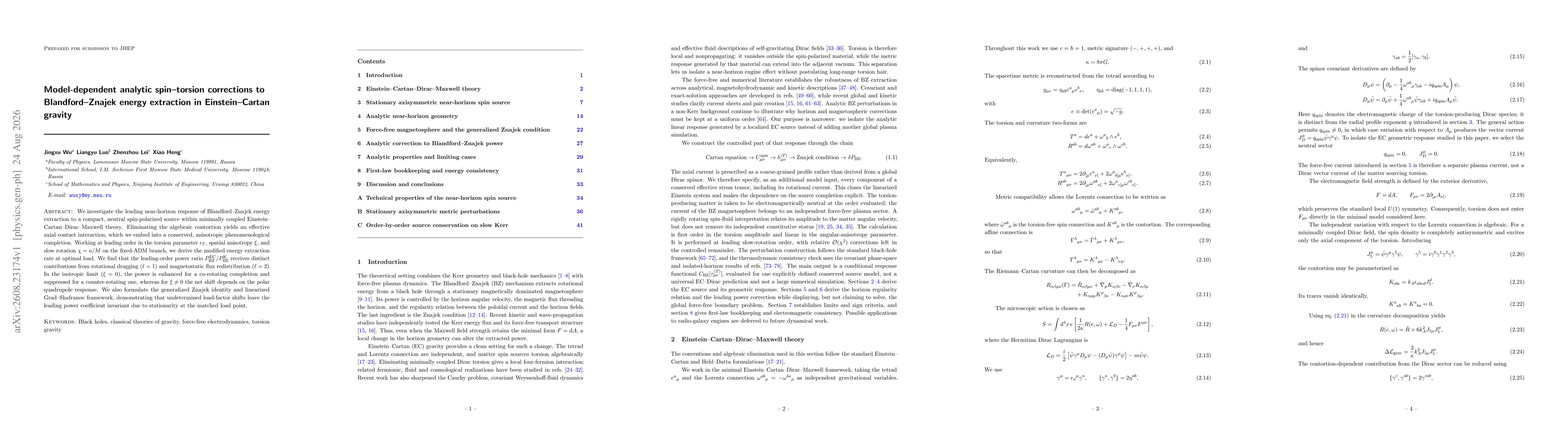 Thumbnail for Model dependent analytic spin torsion corrections to Blandford Znajek energy extraction in Einstein Cartan gravity