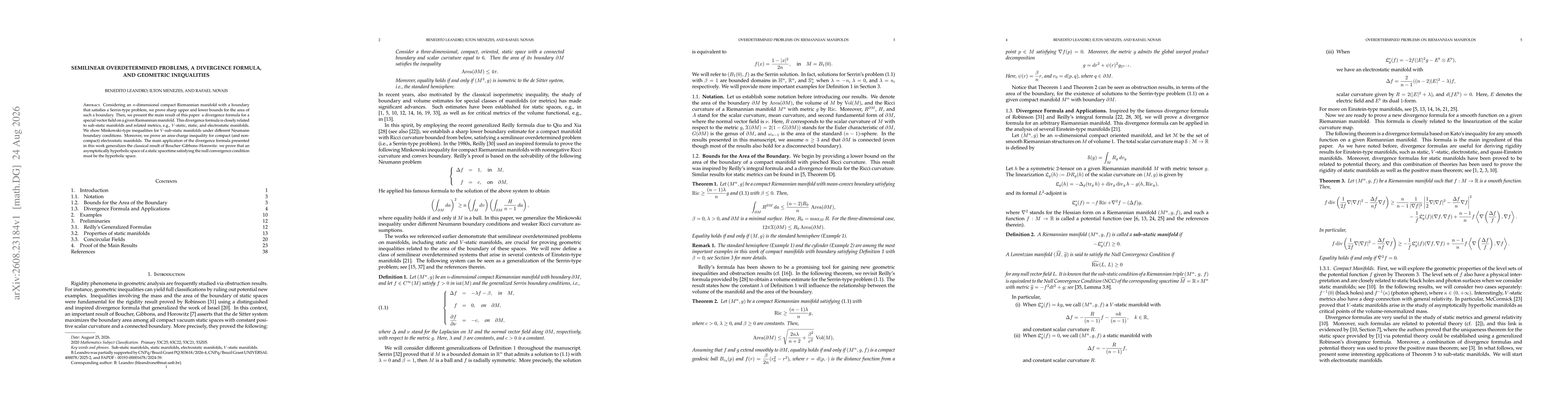Thumbnail for Semilinear overdetermined problems, a divergence formula, and geometric inequalities