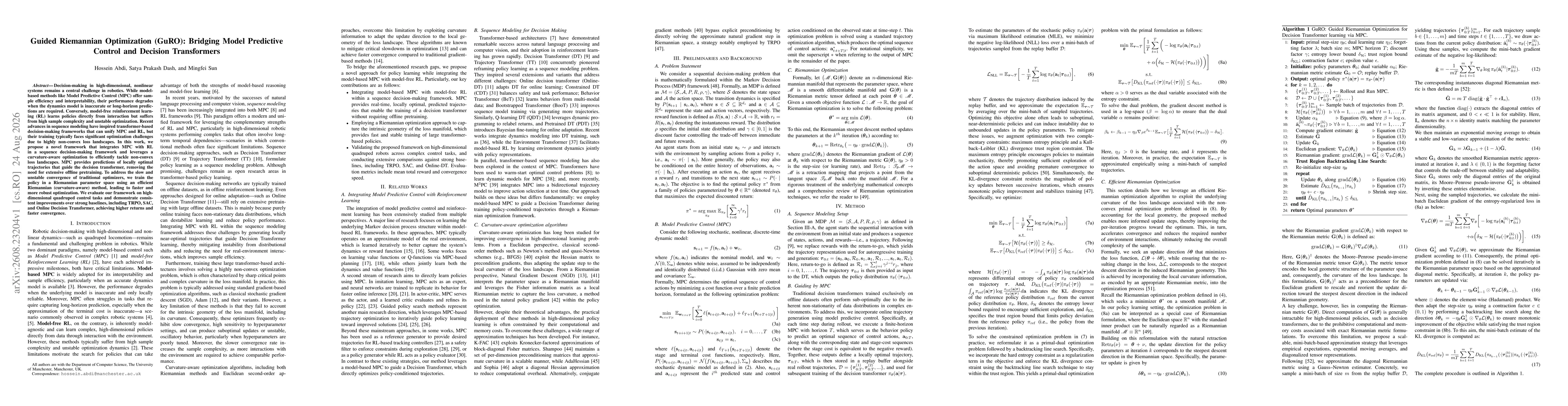 Thumbnail for Guided Riemannian Optimization (GuRO): Bridging Model Predictive Control and Decision Transformers