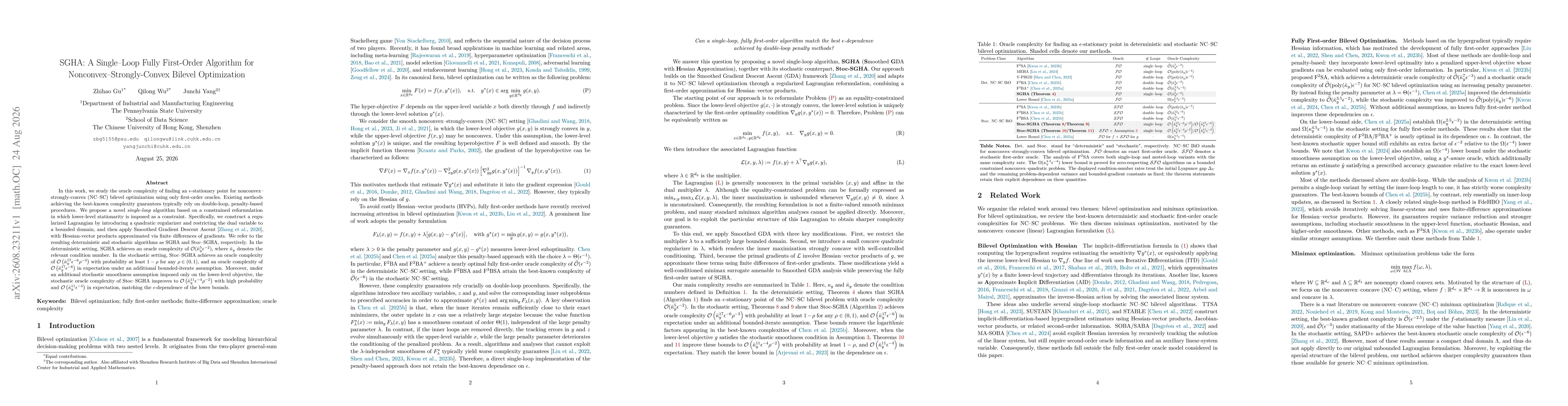 Thumbnail for SGHA: A Single-Loop Fully First-Order Algorithm for Nonconvex-Strongly-Convex Bilevel Optimization