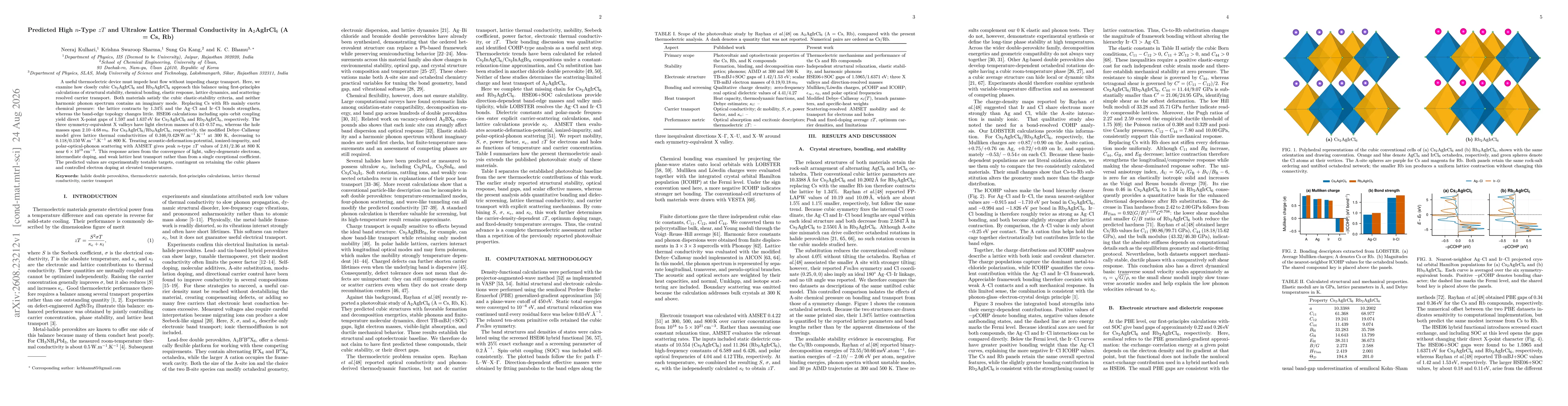 Thumbnail for Predicted High $n$-Type $zT$ and Ultralow Lattice Thermal Conductivity in A$_2$AgIrCl$_6$ (A = Cs, Rb)