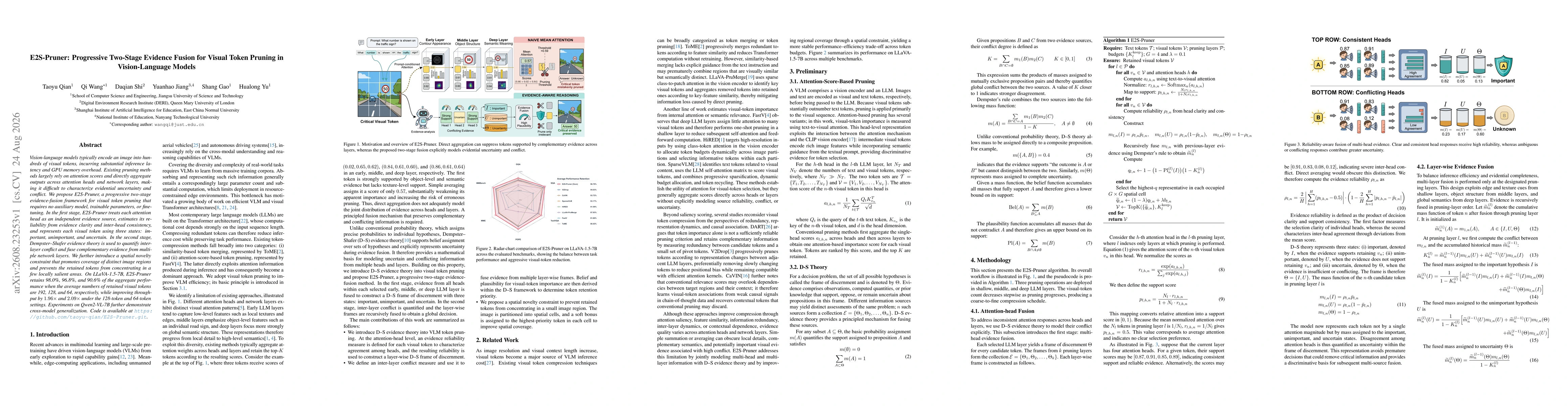 Thumbnail for E2S-Pruner: Progressive Two-Stage Evidence Fusion for Visual Token Pruning in Vision-Language Models