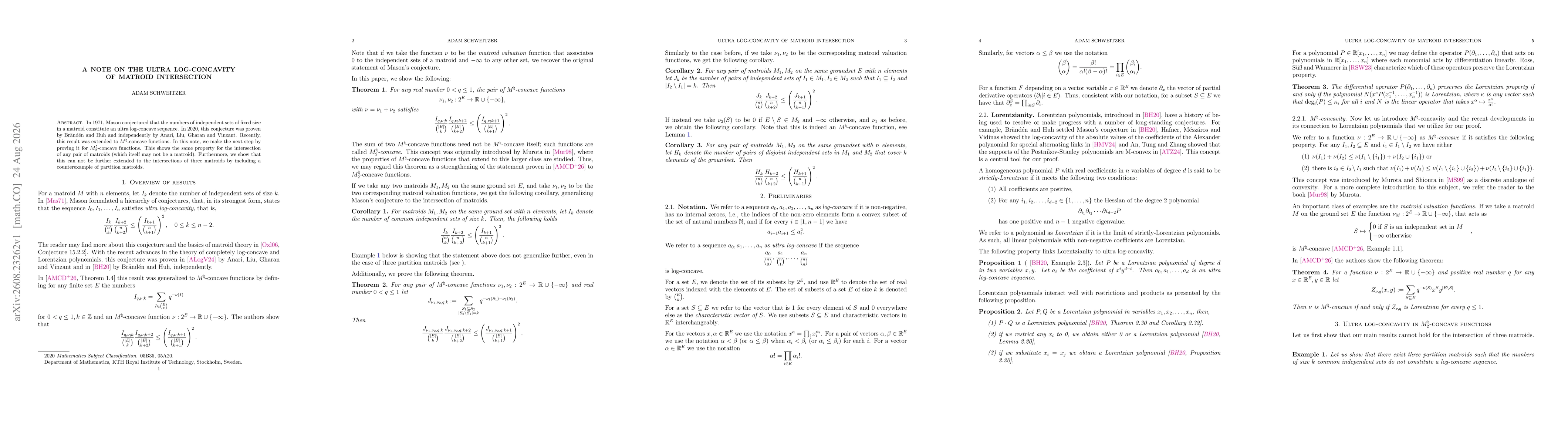Thumbnail for A note on the ultra log-concavity of matroid intersection