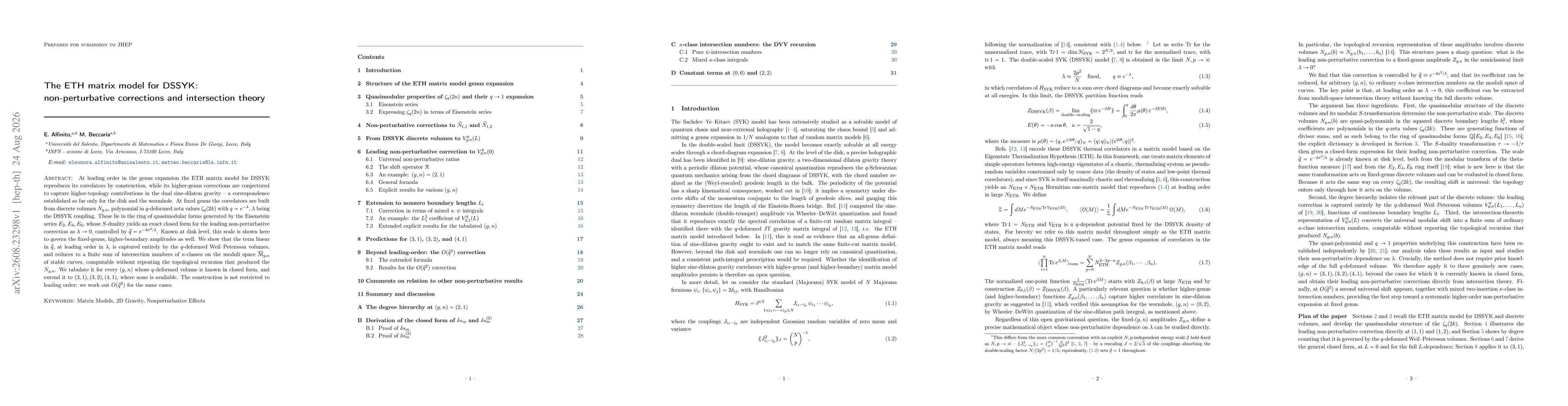 Thumbnail for The ETH matrix model for DSSYK: non-perturbative corrections and intersection theory