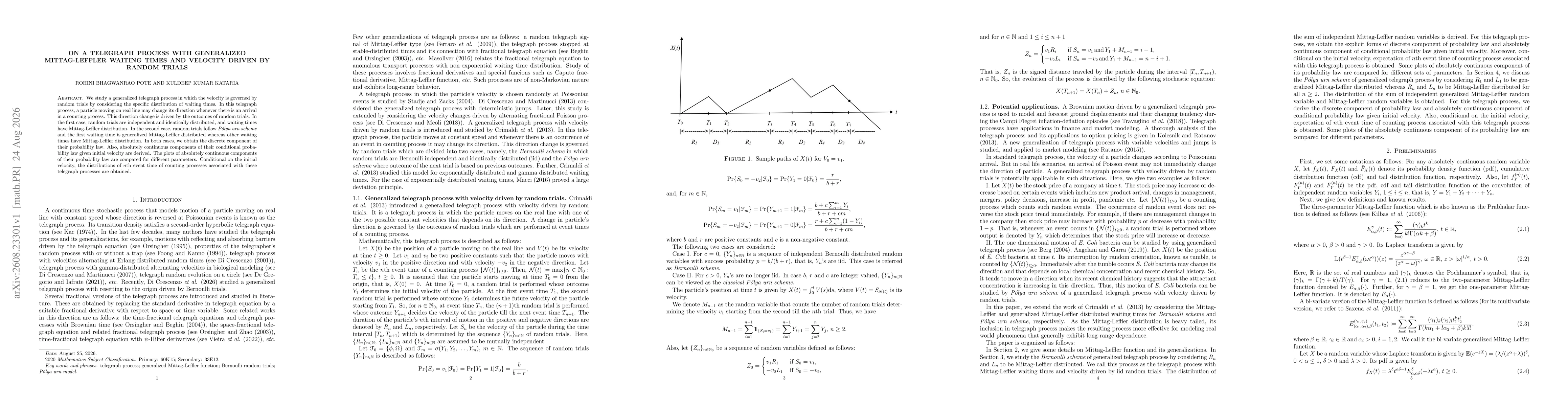 Thumbnail for On a Telegraph Process with Generalized Mittag-Leffler Waiting times and Velocity Driven by Random trials