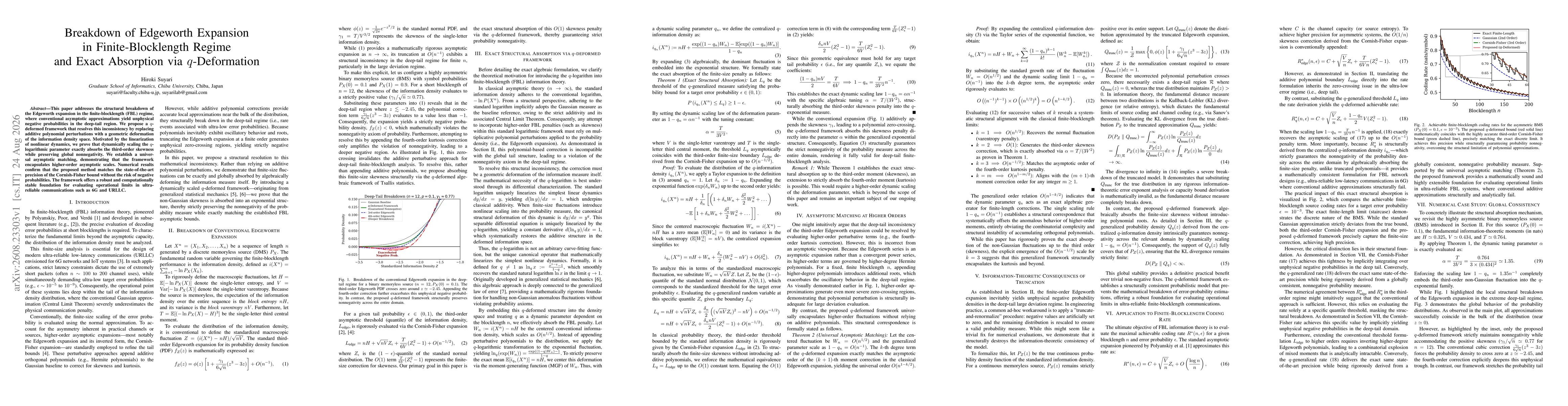 Thumbnail for Breakdown of Edgeworth Expansion in Finite-Blocklength Regime and Exact Absorption via $q$-Deformation