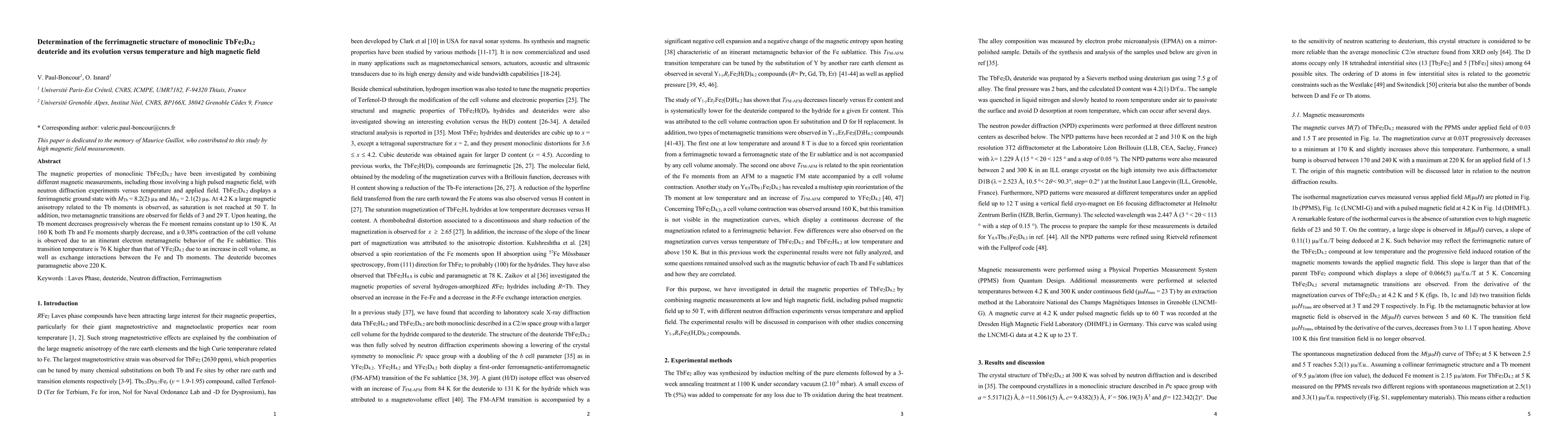 Thumbnail for Determination of the ferrimagnetic structure of monoclinic TbFe$_{2}$D$_{4.2}$ deuteride and its evolution versus temperature and high magnetic field