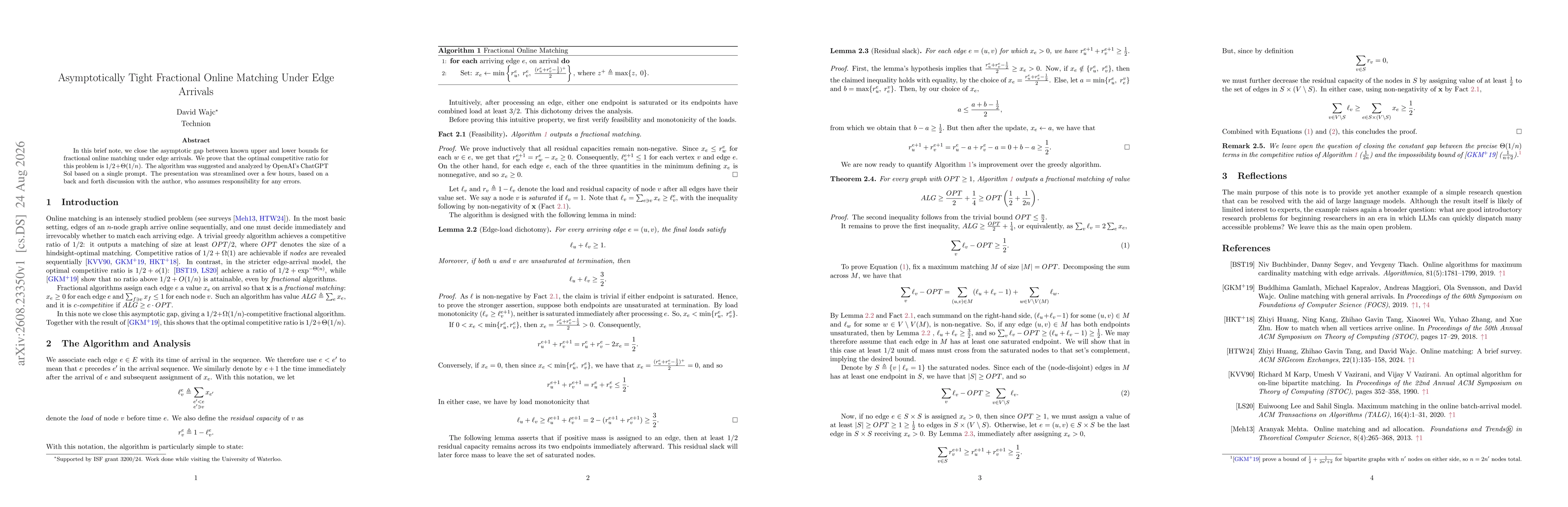 Thumbnail for Asymptotically Tight Fractional Online Matching Under Edge Arrivals