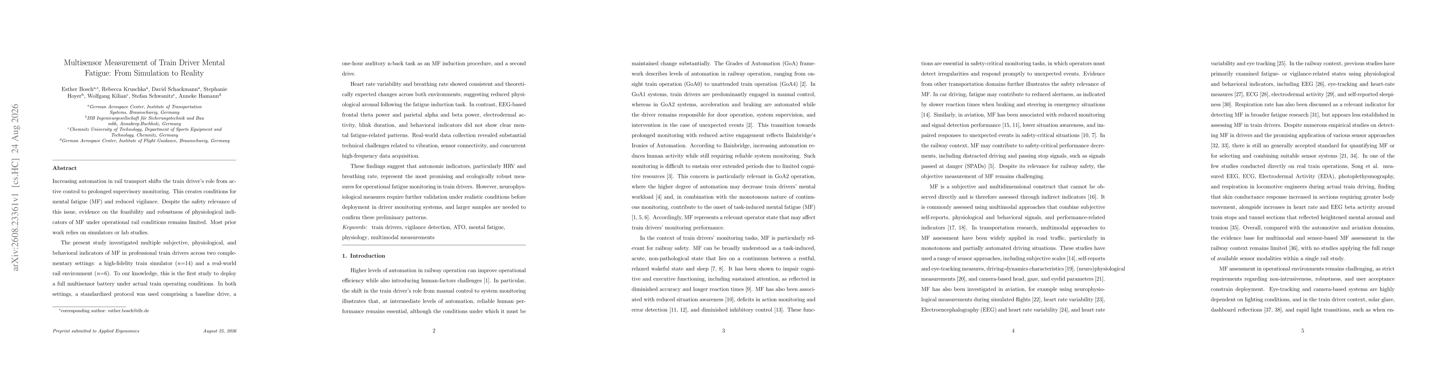 Thumbnail for Multisensor Measurement of Train Driver Mental Fatigue: From Simulation to Reality