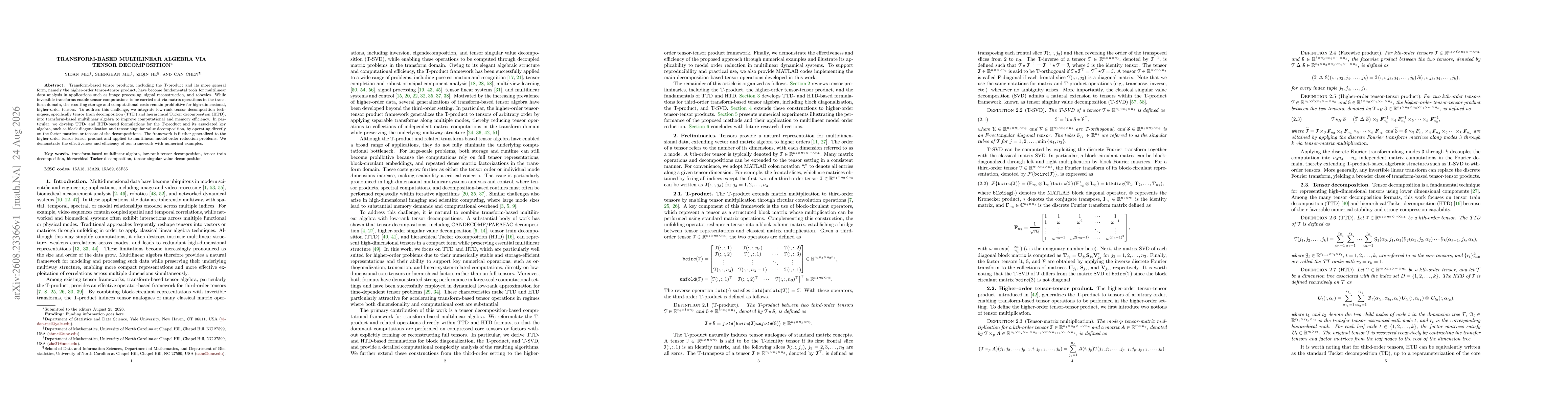 Thumbnail for Transform-Based Multilinear Algebra via Tensor Decomposition