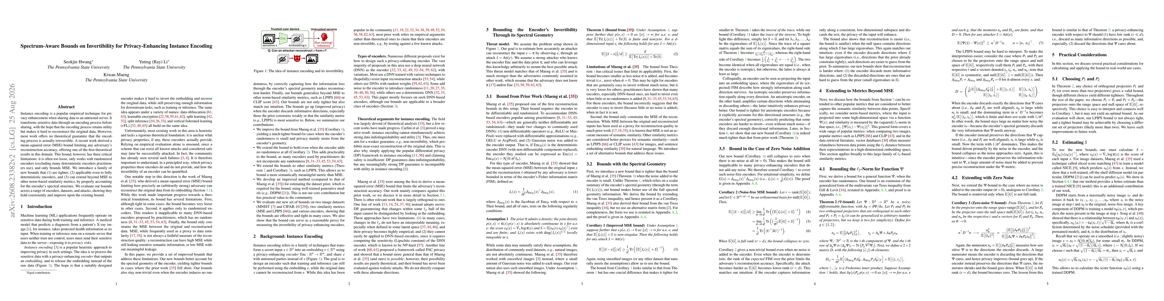 Thumbnail for Spectrum-Aware Bounds on Invertibility for Privacy-Enhancing Instance Encoding