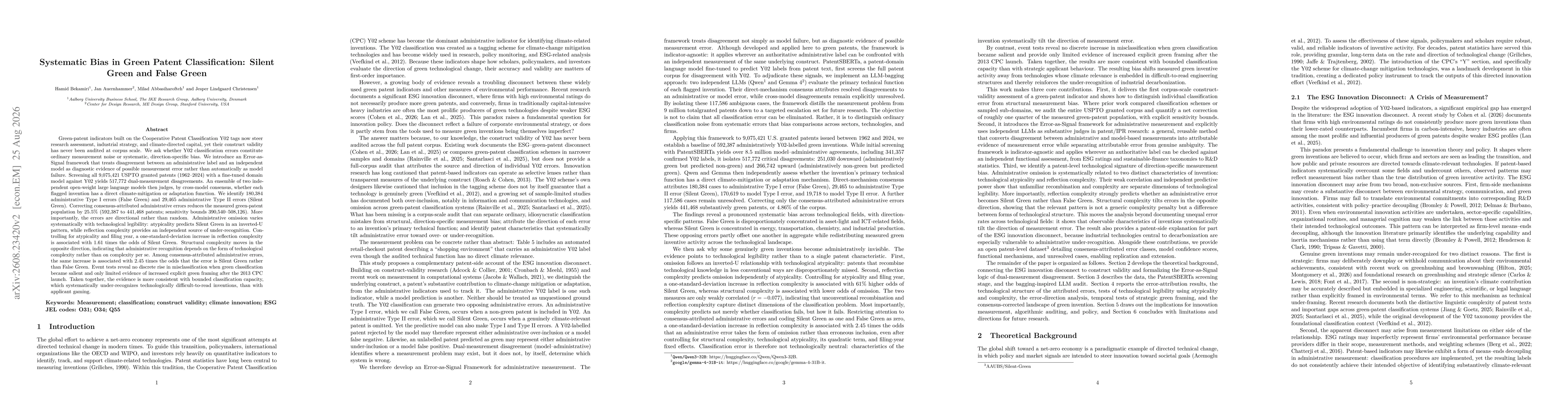 Thumbnail for Systematic Bias in Green Patent Classification: Silent Green and False Green