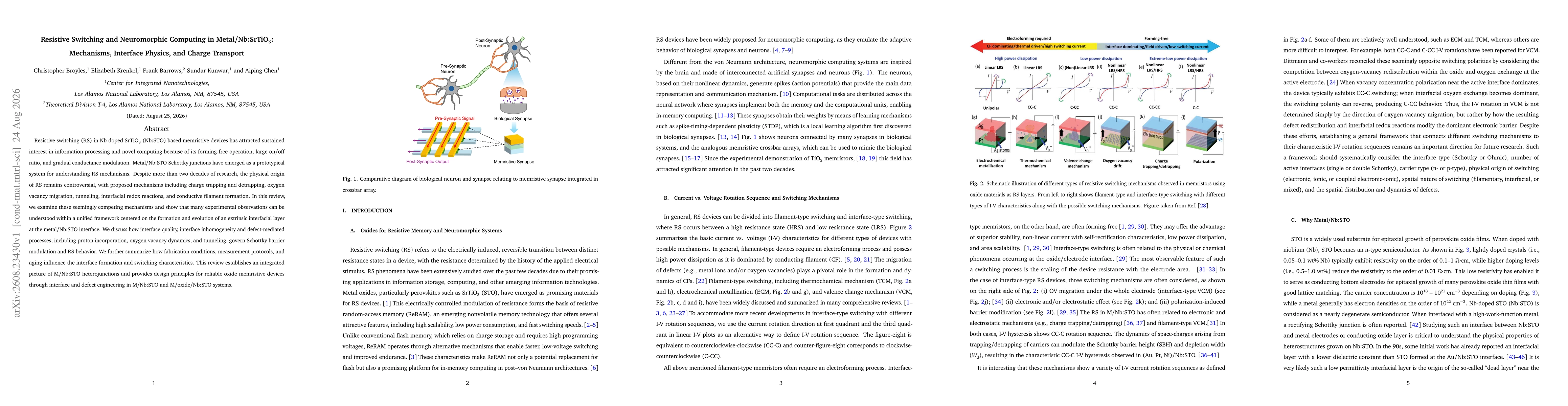 Thumbnail for Resistive Switching and Neuromorphic Computing in Metal/Nb:SrTiO$_3$: Mechanisms, Interface Physics, and Charge Transport