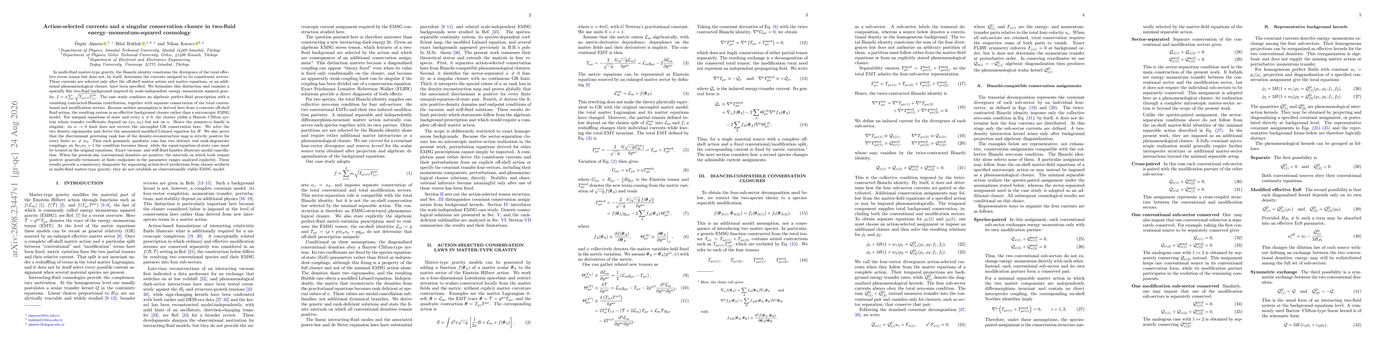 Thumbnail for Action-selected currents and a singular conservation closure in two-fluid energy--momentum-squared cosmology