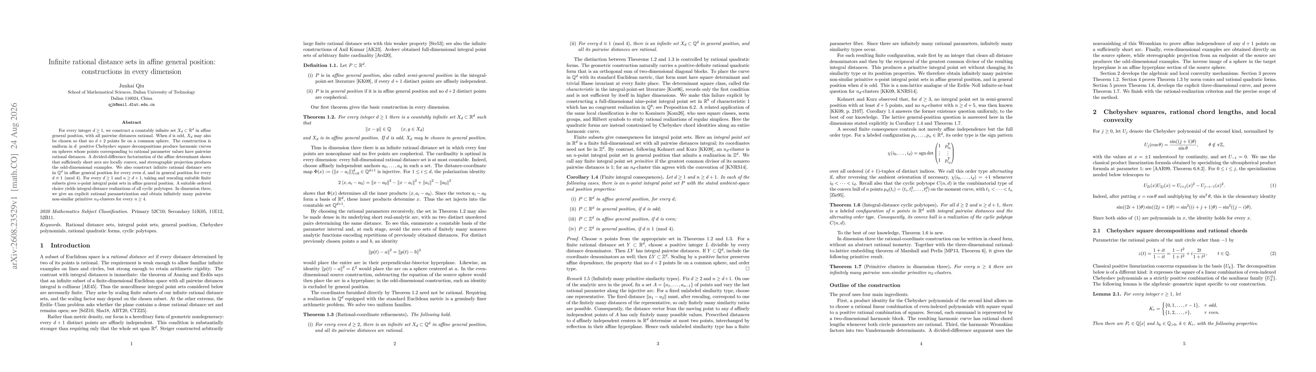 Thumbnail for Infinite rational distance sets in affine general position: constructions in every dimension