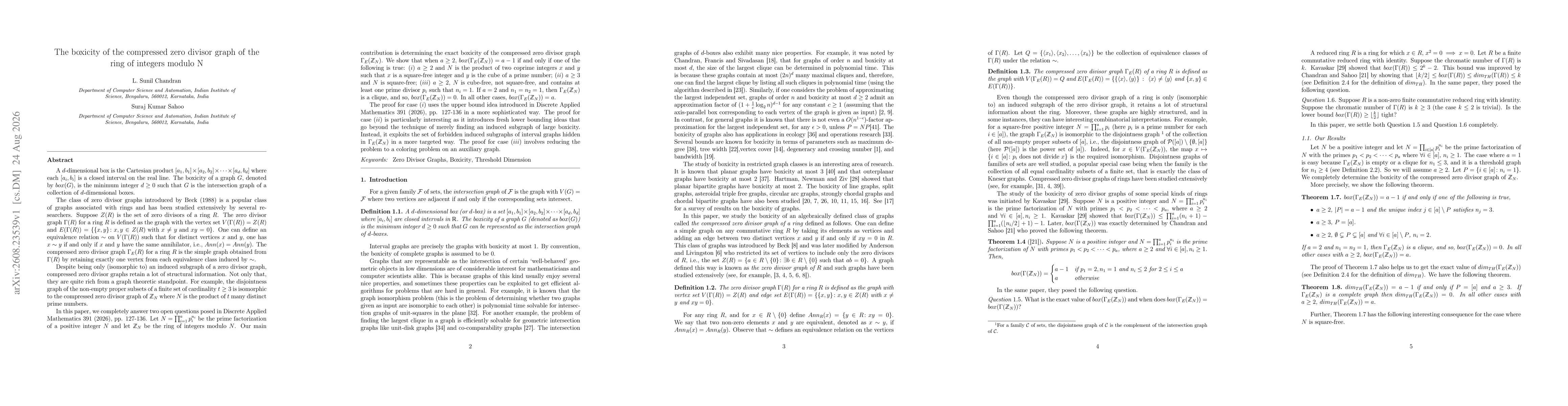 Thumbnail for The boxicity of the compressed zero divisor graph of the ring of integers modulo N