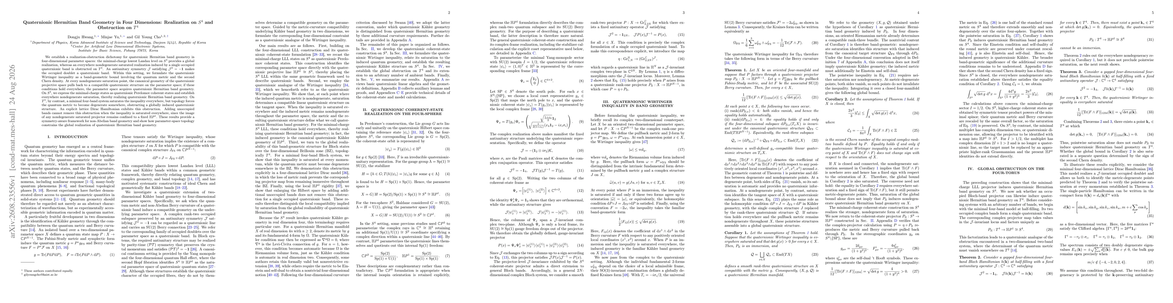 Thumbnail for Quaternionic Hermitian Band Geometry in Four Dimensions: Realization on $S^4$ and Obstruction on $T^4$