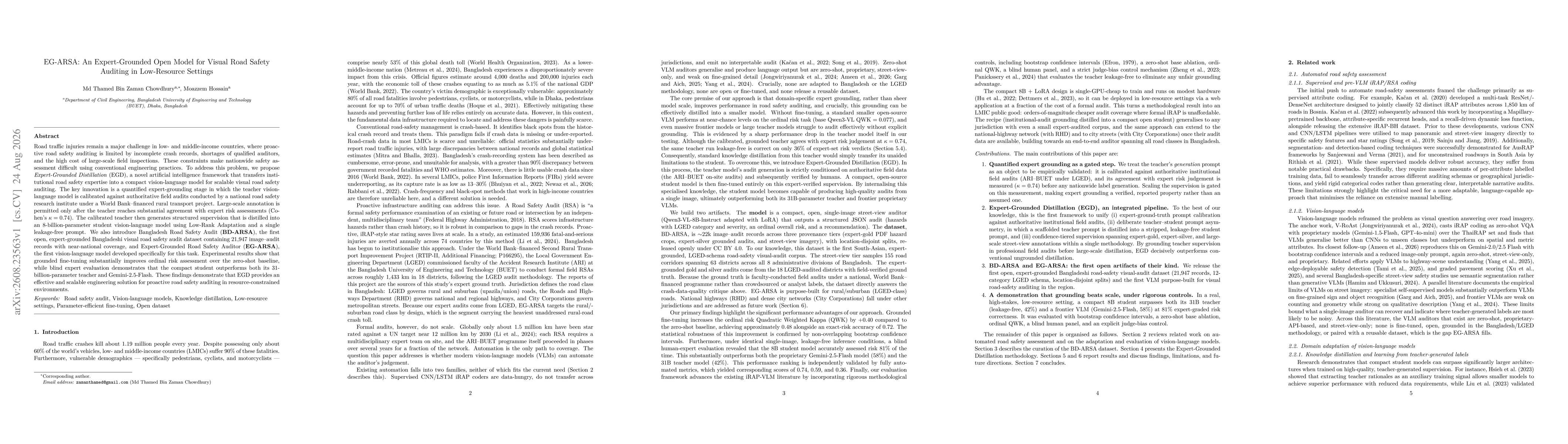 Thumbnail for EG-ARSA: An Expert-Grounded Open Model for Visual Road Safety Auditing in Low-Resource Settings