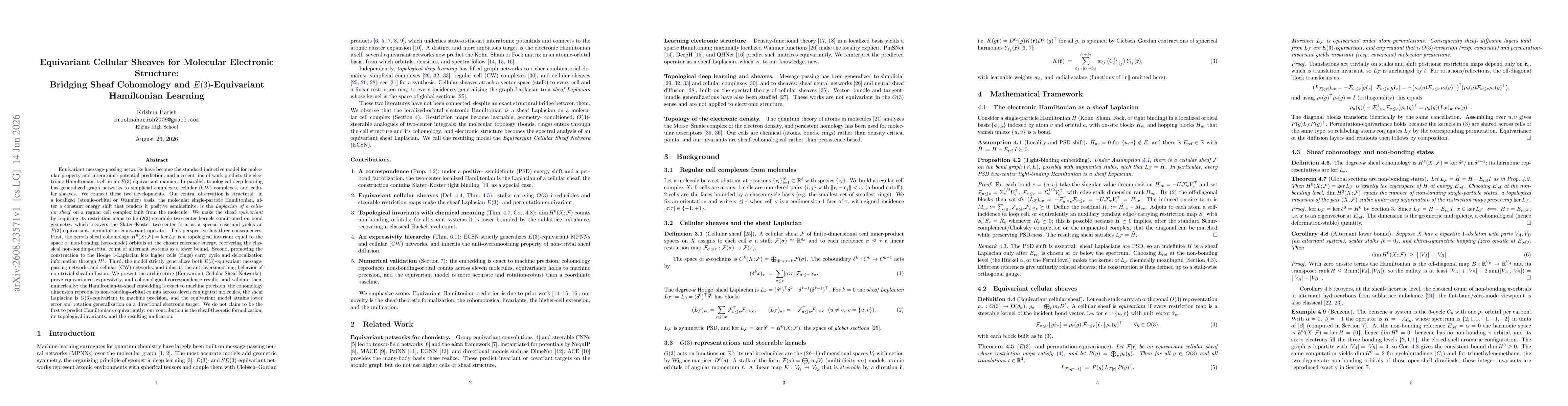 Thumbnail for Equivariant Cellular Sheaves for Molecular Electronic Structure: Bridging Sheaf Cohomology and E(3)-Equivariant Hamiltonian Learning