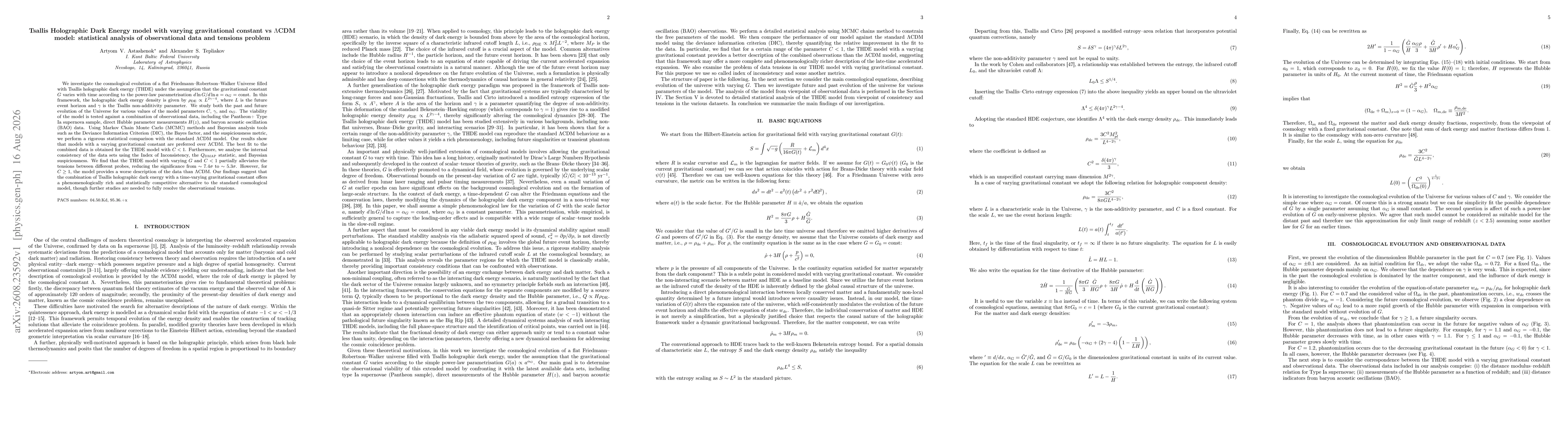 Thumbnail for Tsallis Holographic Dark Energy model with varying gravitational constant vs $Λ$CDM model: statistical analysis of observational data and tensions problem