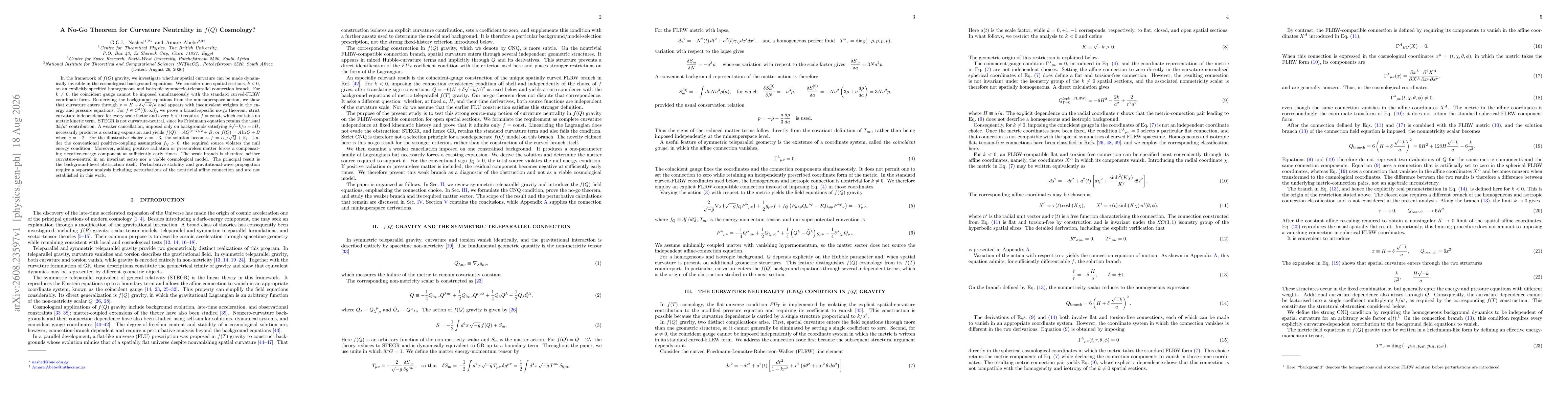 Thumbnail for A No-Go Theorem for Curvature Neutrality in f(Q) Cosmology?