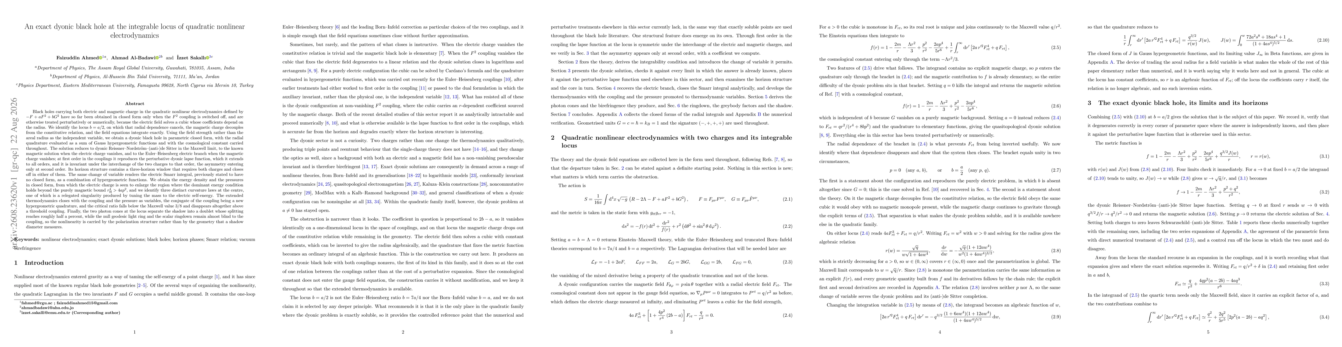 Thumbnail for An exact dyonic black hole at the integrable locus of quadratic nonlinear electrodynamics