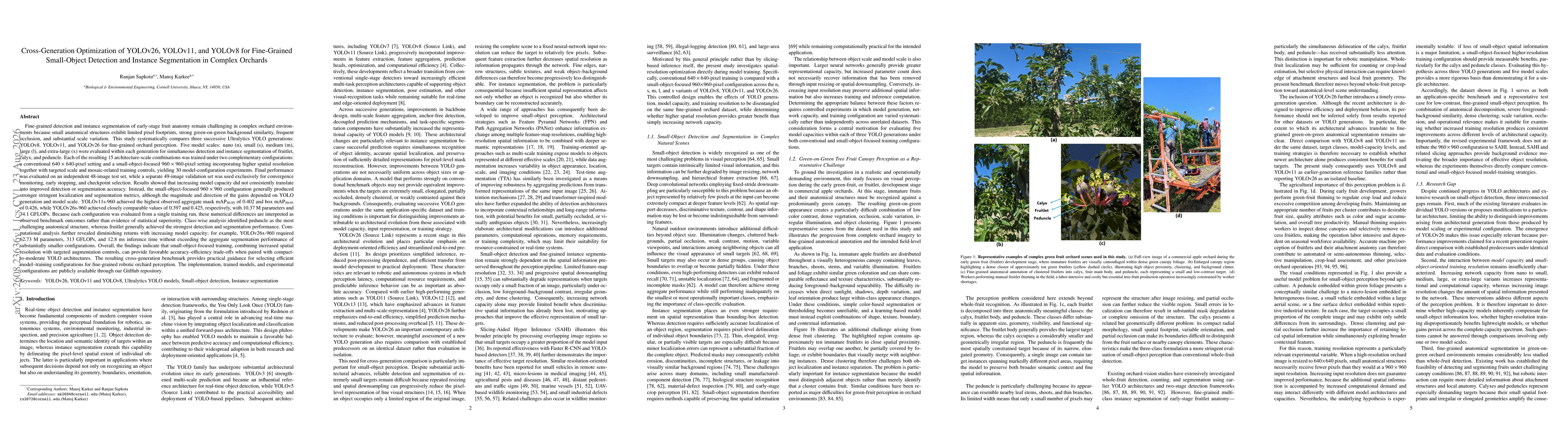Thumbnail for Cross-Generation Optimization of YOLOv26, YOLOv11, and YOLOv8 for Fine-Grained Small-Object Detection and Instance Segmentation in Complex Orchards