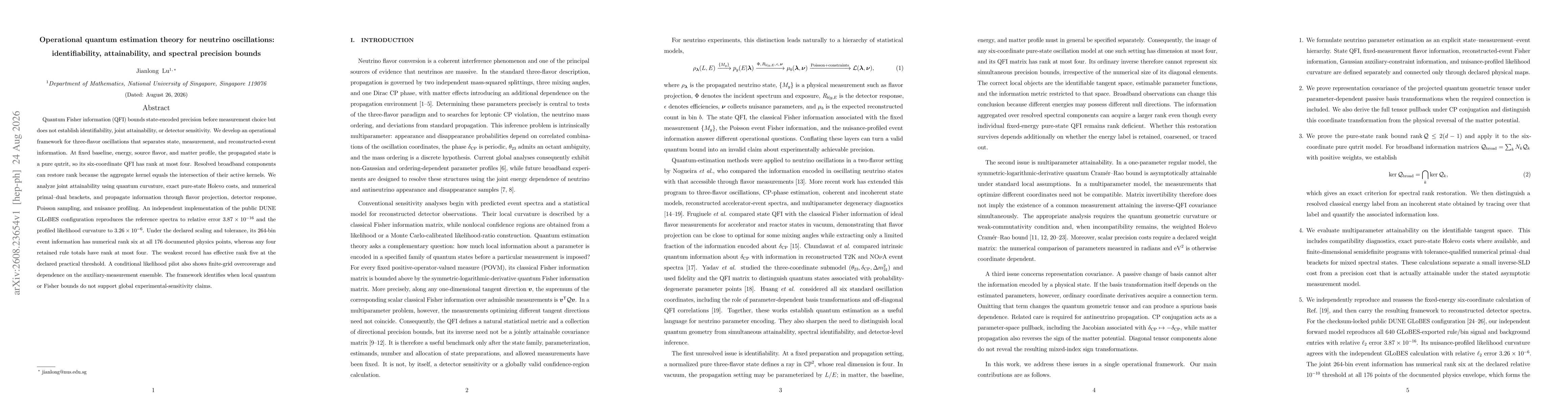 Thumbnail for Operational quantum estimation theory for neutrino oscillations: identifiability, attainability, and spectral precision bounds
