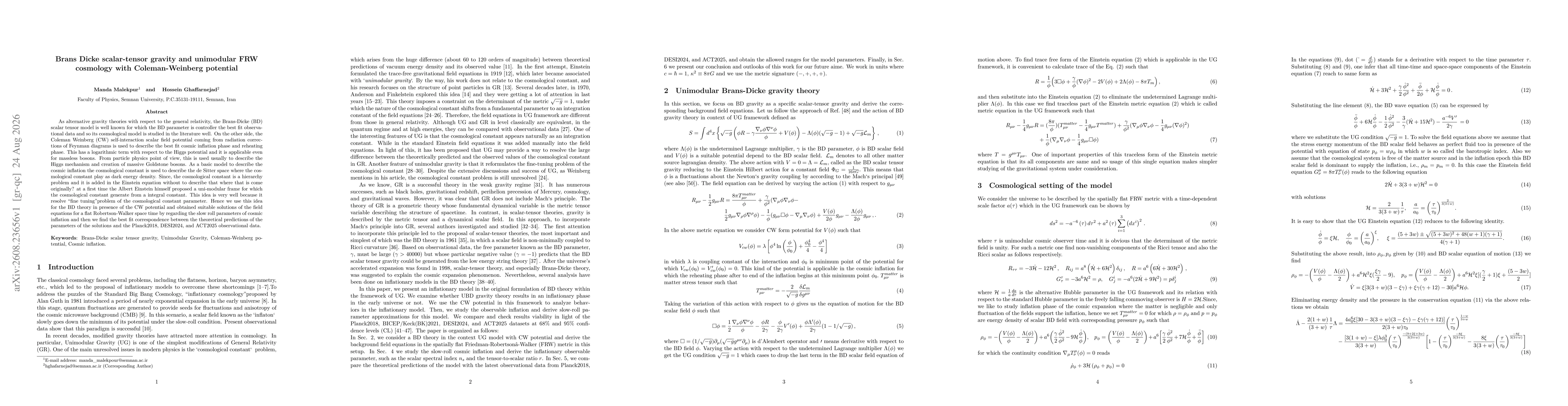 Thumbnail for Brans Dicke scalar-tensor gravity and unimodular FRW cosmology with Coleman-Weinberg potential