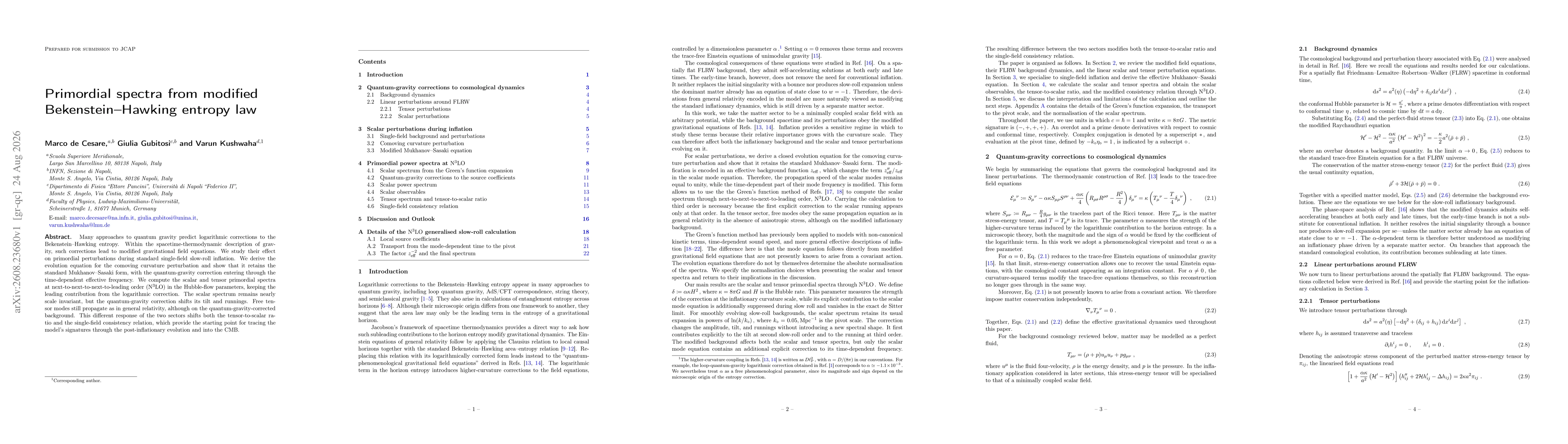Thumbnail for Primordial spectra from modified Bekenstein-Hawking entropy law