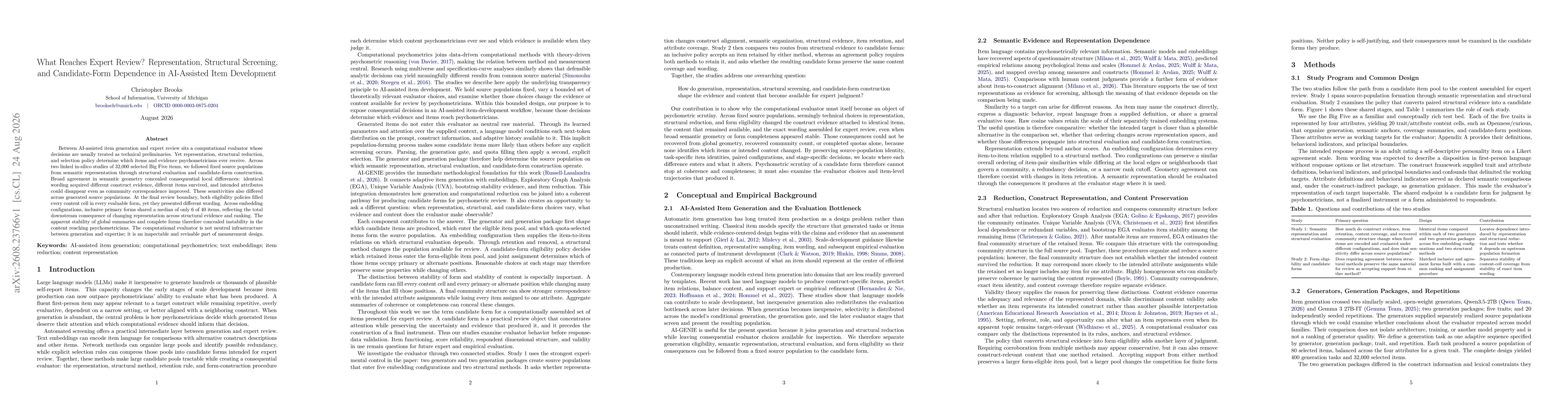 Thumbnail for What Reaches Expert Review? Representation, Structural Screening, and Candidate-Form Dependence in AI-Assisted Item Development