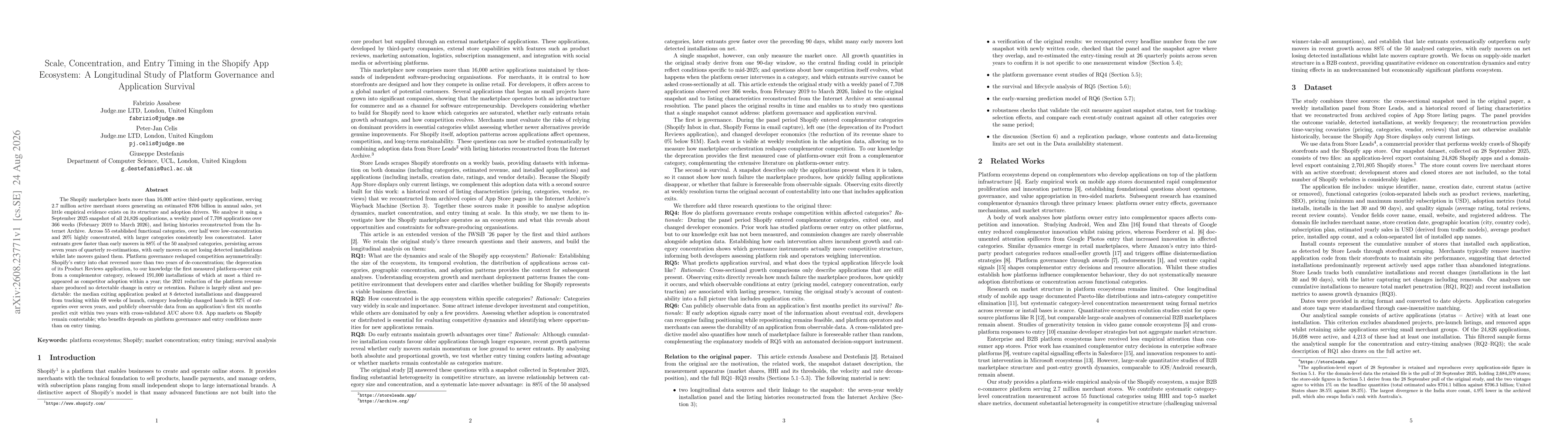 Thumbnail for Scale, Concentration, and Entry Timing in the Shopify App Ecosystem: A Longitudinal Study of Platform Governance and Application Survival