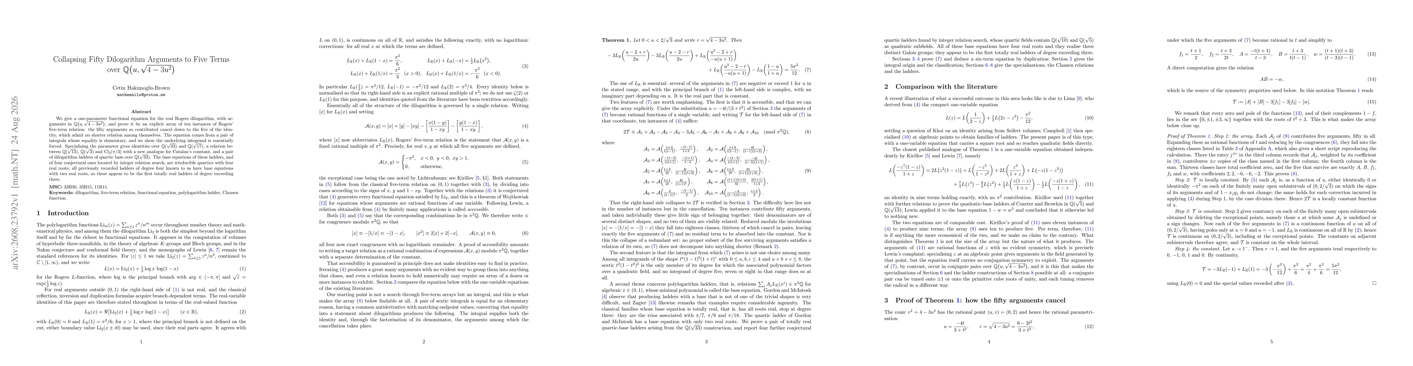 Thumbnail for Collapsing Fifty Dilogarithm Arguments to Five Terms over $\mathbb{Q}\bigl(u,\sqrt{4-3u^{2}}\bigr)$