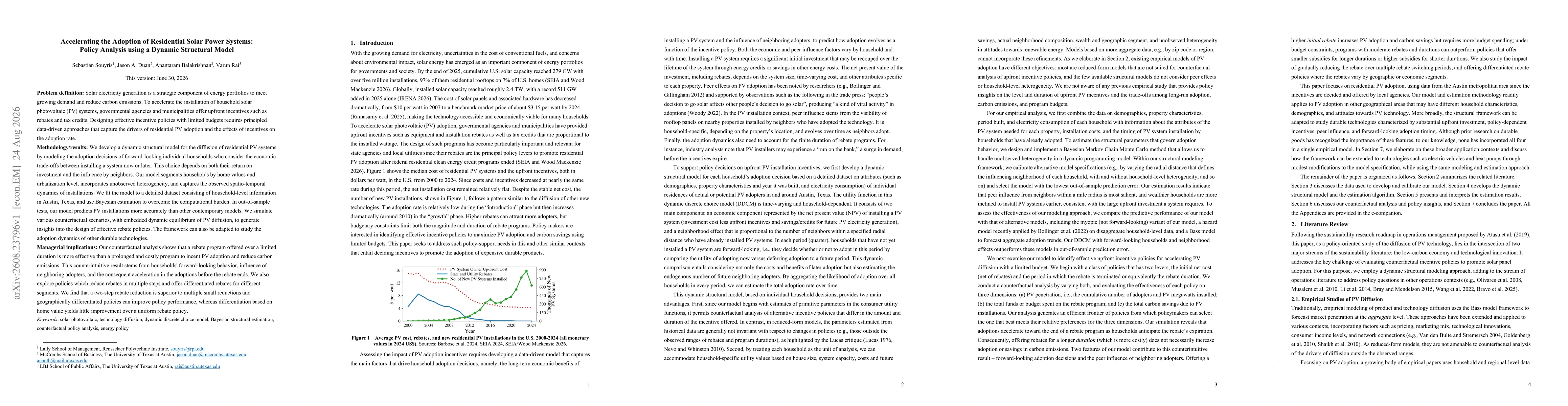 Thumbnail for Accelerating the Adoption of Residential Solar Power Systems: Policy Analysis using a Dynamic Structural Model