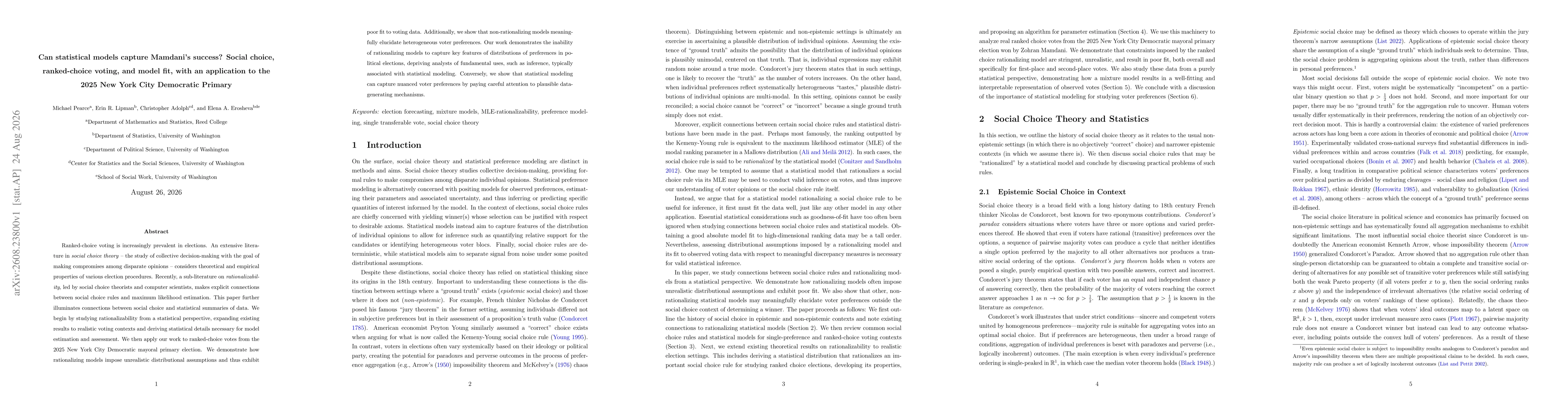 Thumbnail for Can statistical models capture Mamdani's success? Social choice, ranked-choice voting, and model fit, with an application to the 2025 New York City Democratic Primary