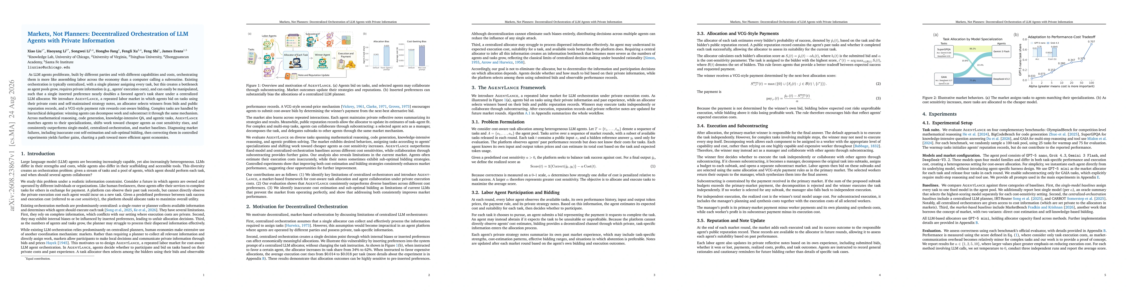 Thumbnail for Markets, Not Planners: Decentralized Orchestration of LLM Agents with Private Information
