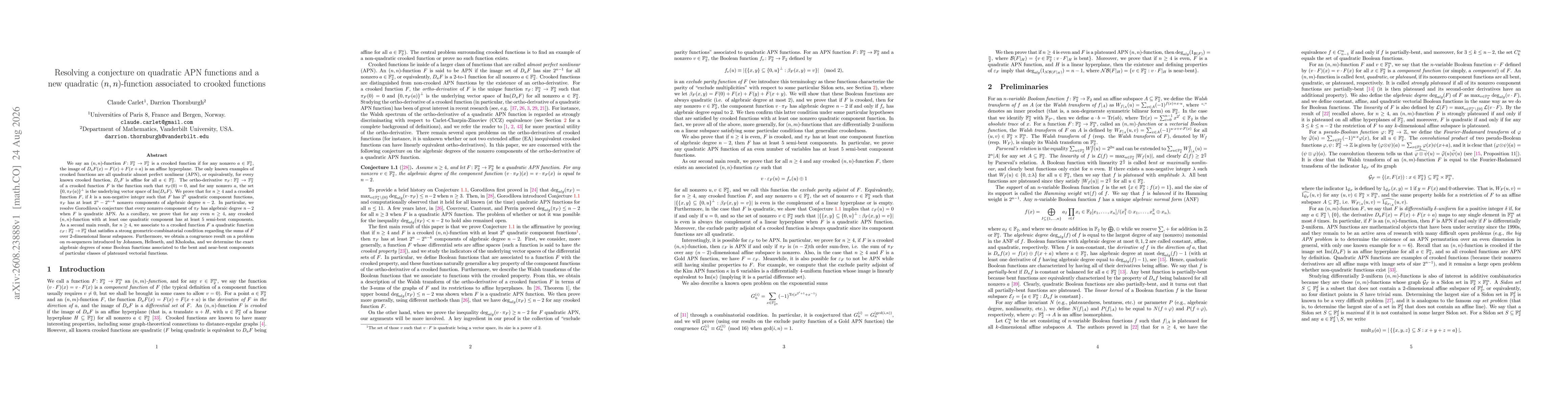 Thumbnail for Resolving a conjecture on quadratic APN functions and a new quadratic $(n,n)$-function associated to crooked functions